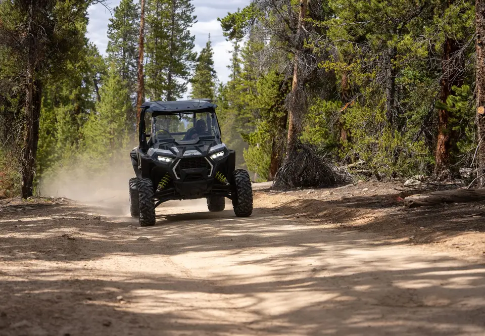 A RZR on a forest trail kicking up dust