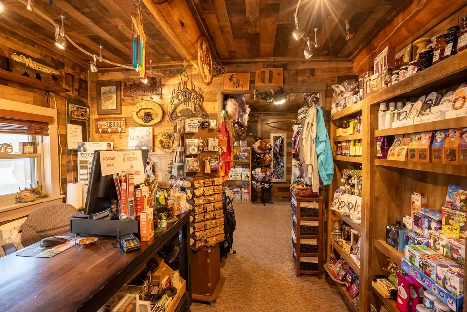 The gift shop counter and display cases