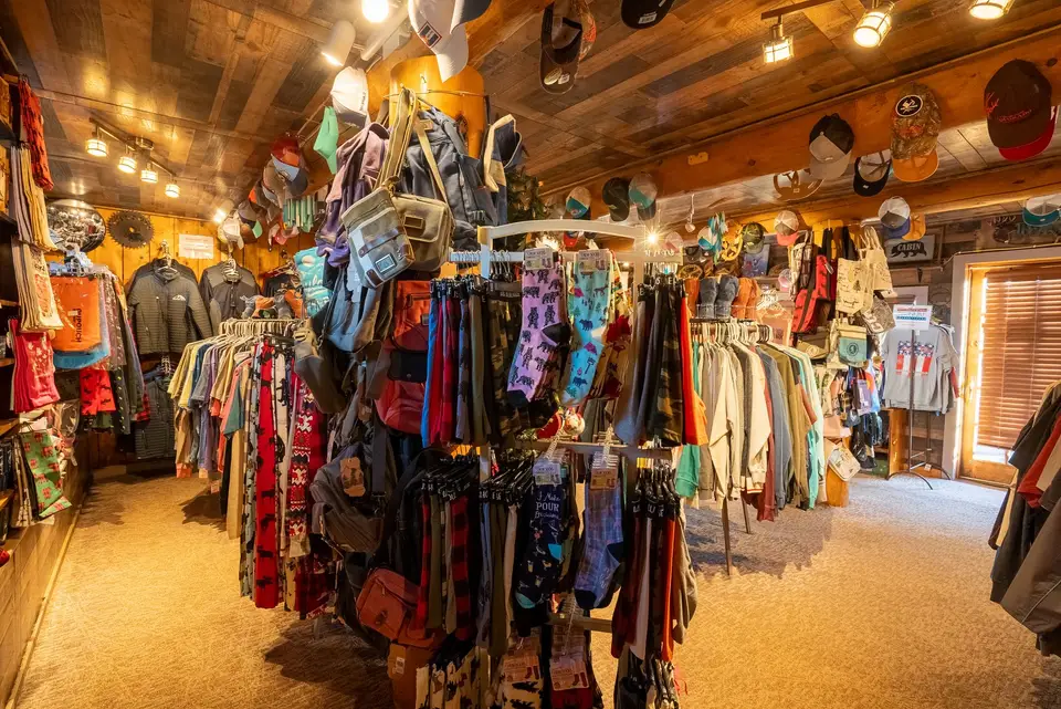 Jackets and fleeces on gift shop racks
