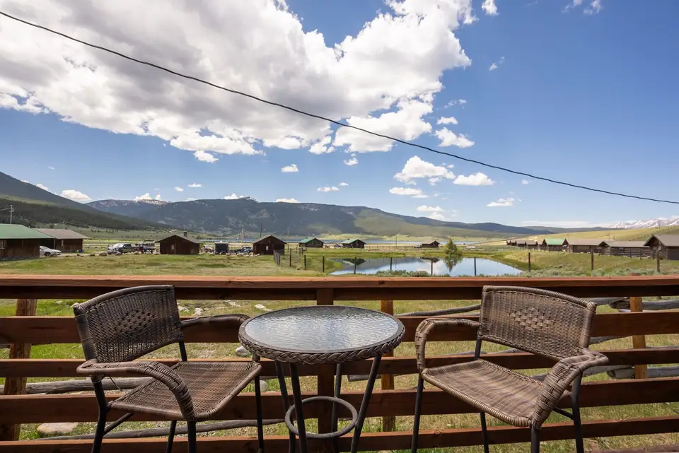 Nugget Cafe deck tables looking out over the pond and the valley