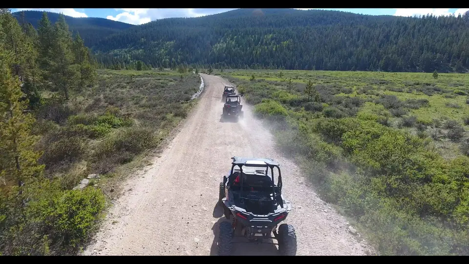 A line of RZRs on a forest road with the valley behind