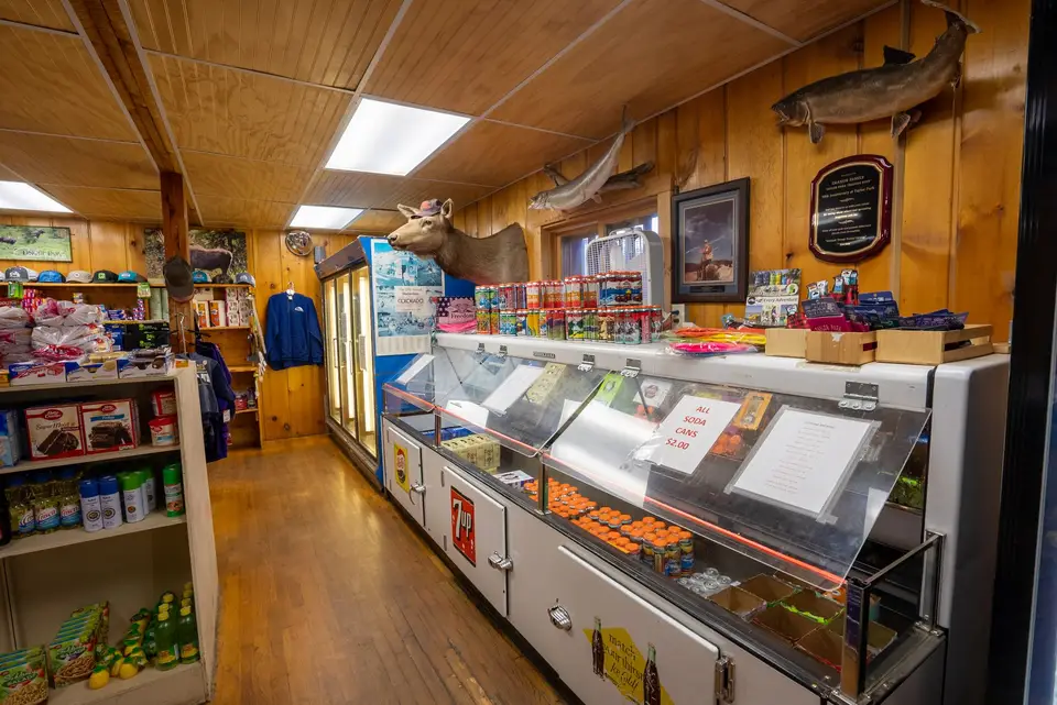 The fishing counter and tackle cases at the Trading Post